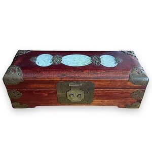 Vintage Chinese Wooden Jewelry Box | Jade + Brass Details | Green Lining | $70